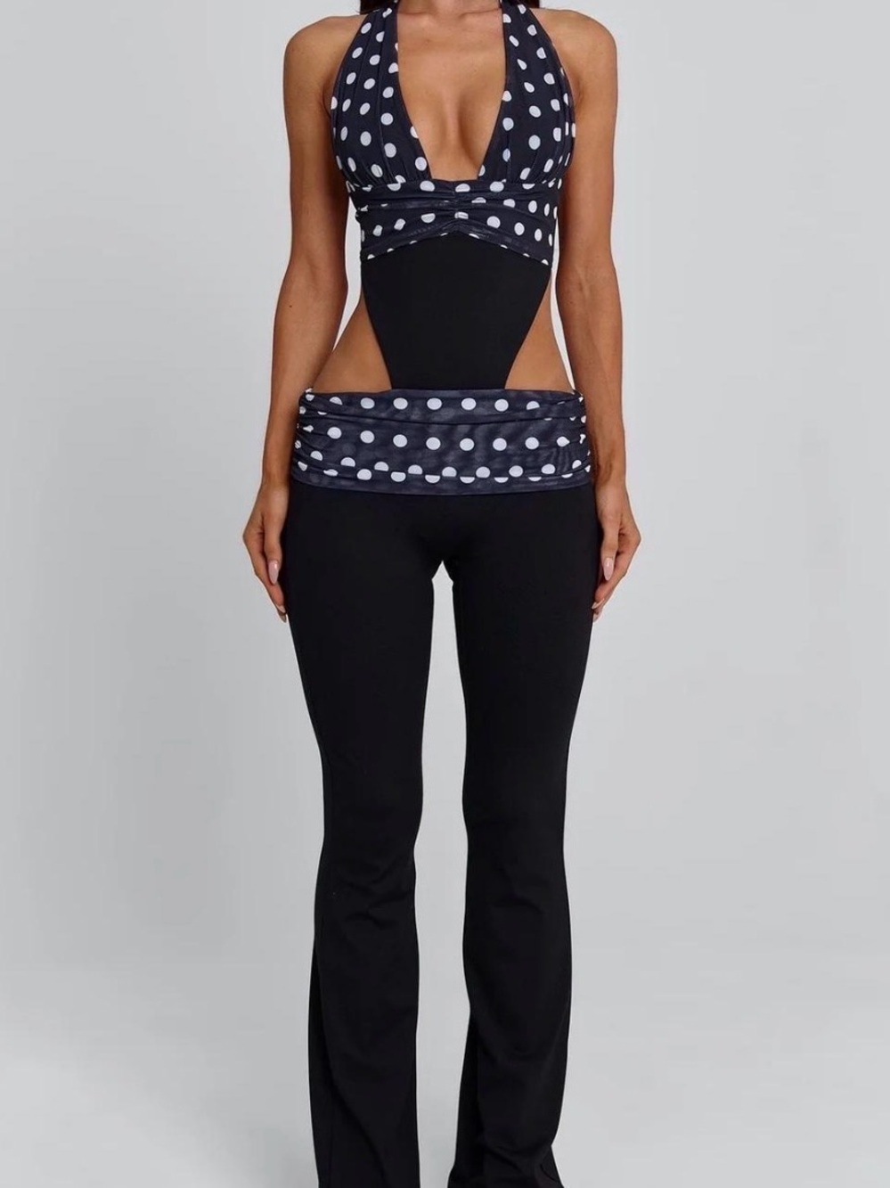 Black Polka-Dot Halter Cutout Jumpsuit